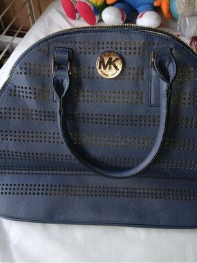 Michael Kors Navy Perforated Dome Satchel with Gold Hardware